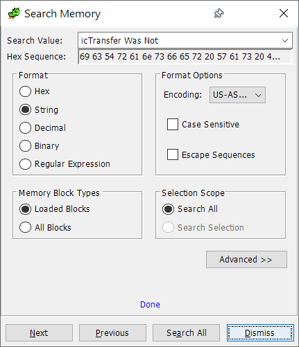 Searching memory for the error message